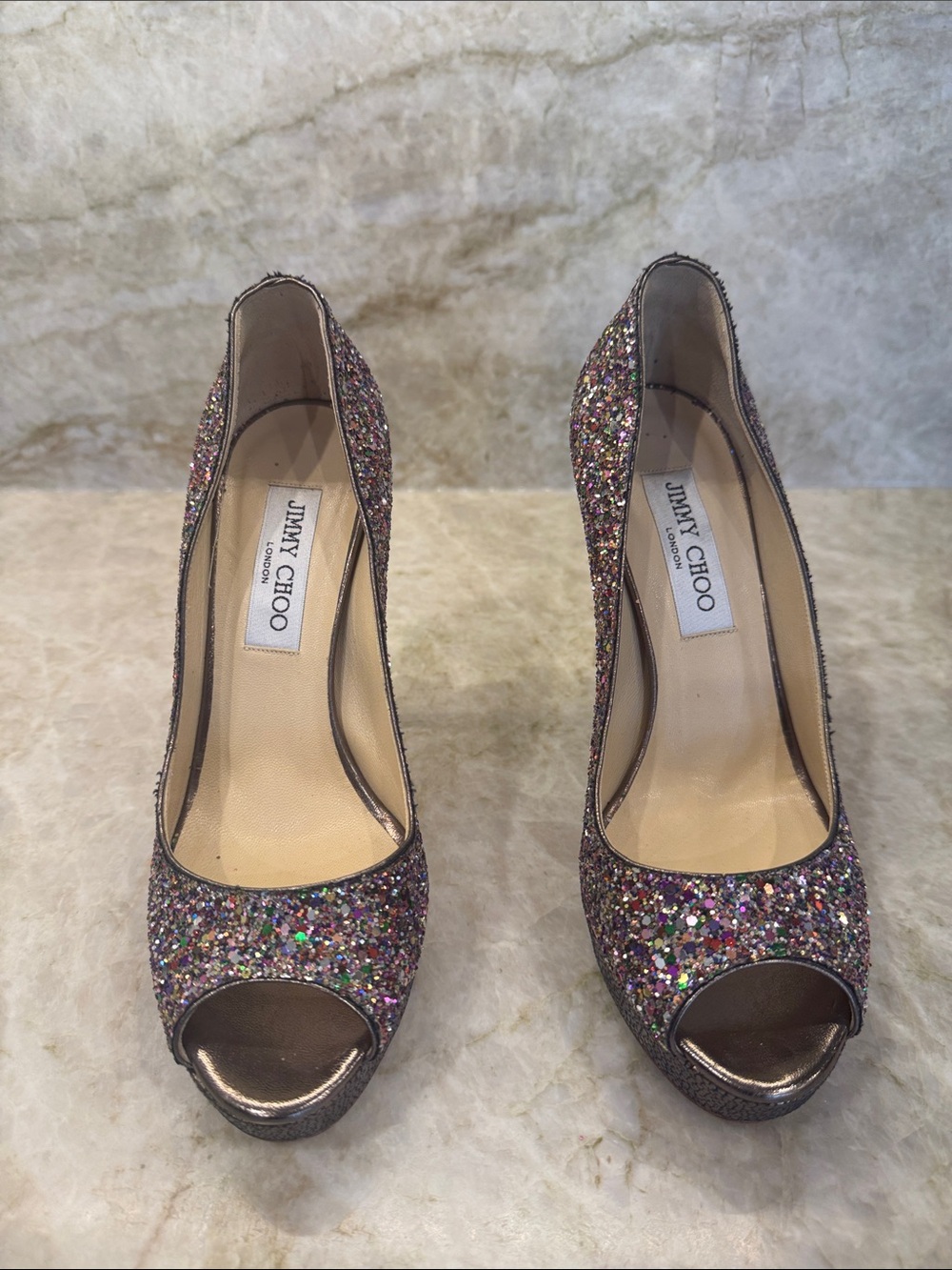 Jimmy Choo Multicolor Glitter Peep-Toe Pumps with Bronze Trim
